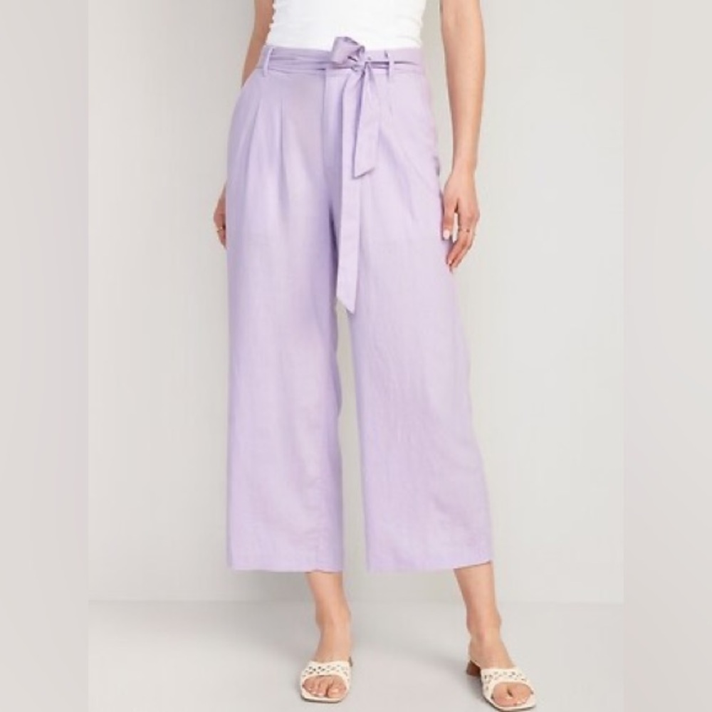 Lavender High Waisted Linen Blend Cropped Wide-Leg Pants